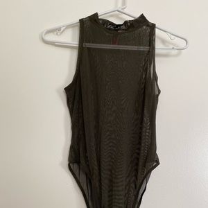 Dark Green See-Through, High-Neck Bodysuit